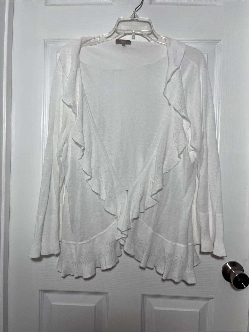 Soon Women's Plus White Ruffle Open-Front Cardigan Sweater